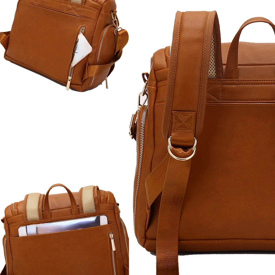 Vegan Leather Nappy Backpack With Separate Bottle Carrier