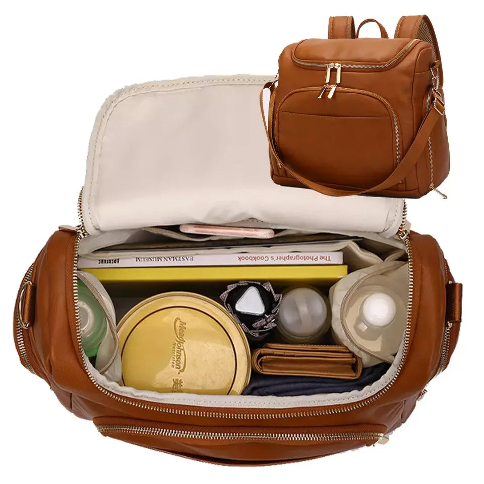 Vegan Leather Nappy Backpack With Separate Bottle Carrier